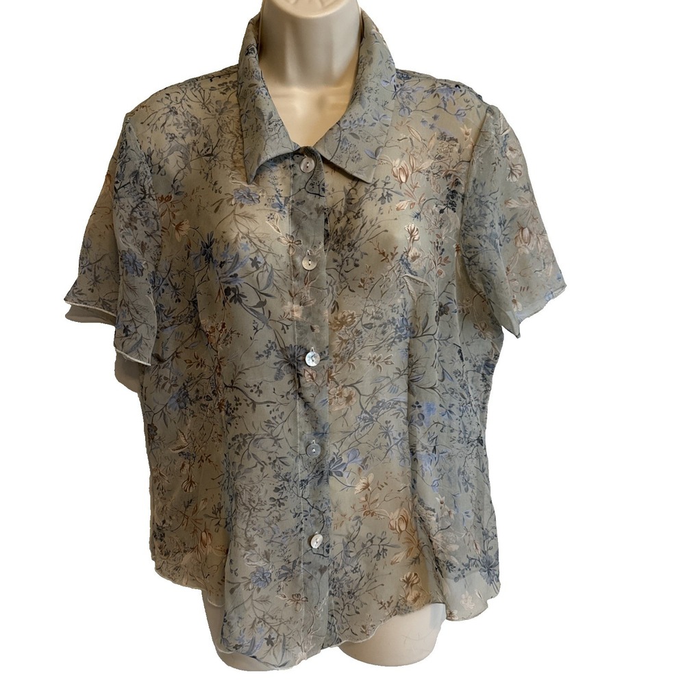 Believe Floral Sheer Y2K Chiffon Button Blouse 14 Short Sleeve Ethereal Romantic